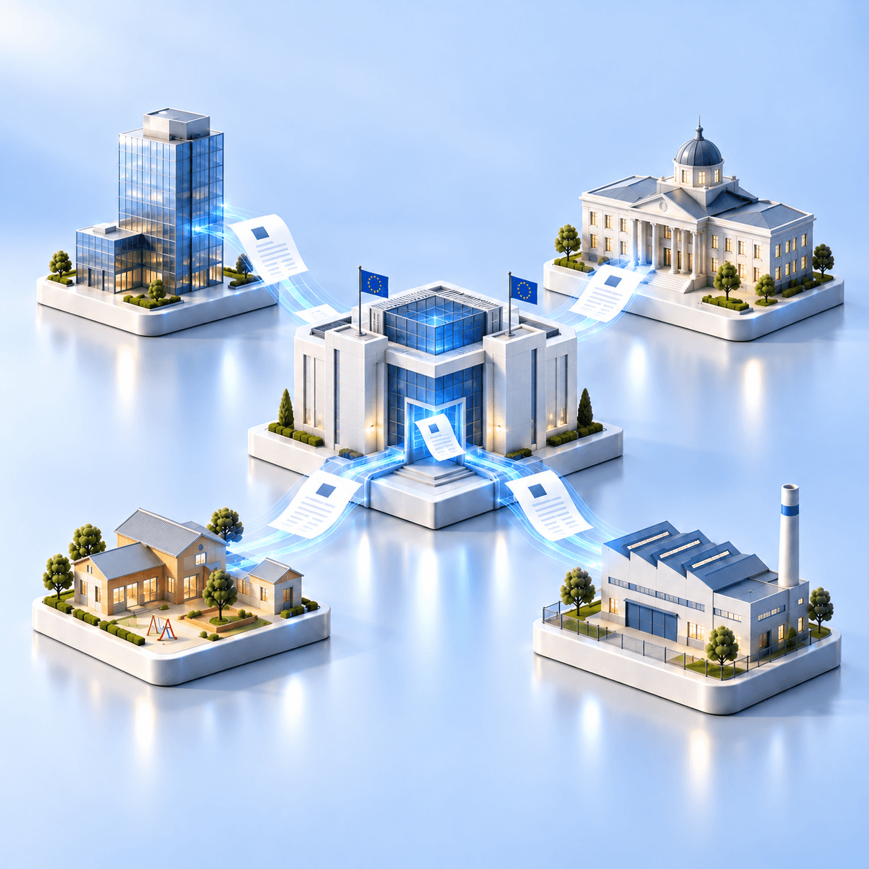 Blue illustration of a central Peppol gateway connecting businesses through document exchange